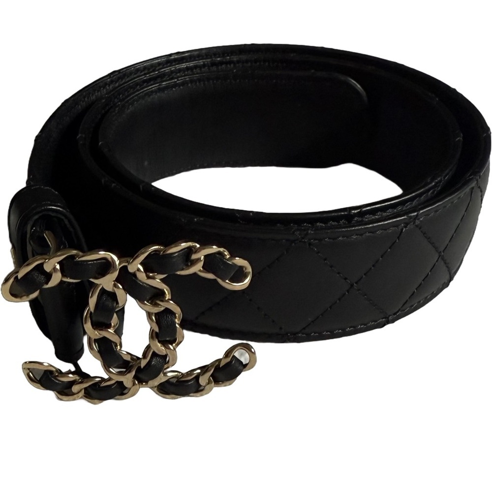 CHANEL BLACK LAMBSKIN QUILTED LEATHER BELT WITH GOLD CHAIN INTERLOCKING CC LOGO - Picture 2 of 10